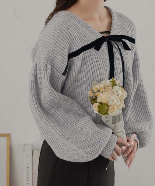 Ambre Neige（アンブルネージュ）の「ベロアリボンニットカーディガン/WEB/EC限定商品（カーディガン/ボレロ・レディース・アイボリー/チャコールグレー/ライトグレー・FREE）」の3枚目の写真