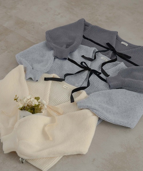 Ambre Neige（アンブルネージュ）の「ベロアリボンニットカーディガン/WEB/EC限定商品（カーディガン/ボレロ・レディース・アイボリー/チャコールグレー/ライトグレー・FREE）」の5枚目の写真