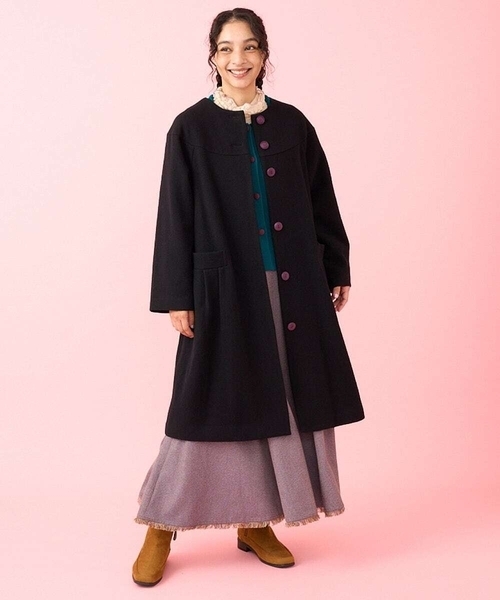 新品タグ付　Jocomomola ホコモモラ　コート　近年モデル　ツイード日本製 裏地プリント ノーカラーコート(ノーカラーコート) | Jocomomola