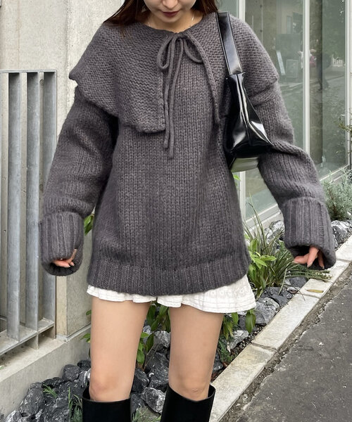 mline（エムライン）の「[mline]ビッグ襟ニット（パーカー・レディース・チャコールグレー/グリーン/ピンク・FREE）」の5枚目の写真