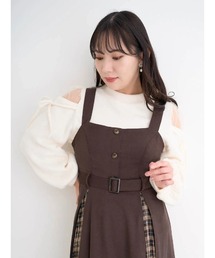 【大きいサイズ】肩チュールシアーパール付き起毛リブトップス