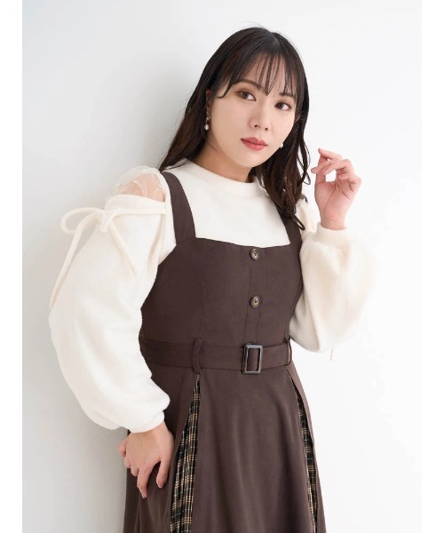 Re-J&SUPURE(リジェイアンドスプル)の「【大きいサイズ】肩チュールシアーパール付き起毛リブトップス(ニット/セーター・レディース・ピンク/オフホワイト/ブラック・XX-LARGE/X-LARGE)」の4枚目の写真