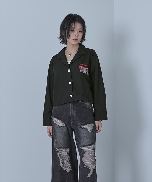 miette(ミエット)の「フリンジ刺繍開襟シャツ(シャツ/ブラウス・レディース・ブラック/オフホワイト・FREE)」の3枚目の写真
