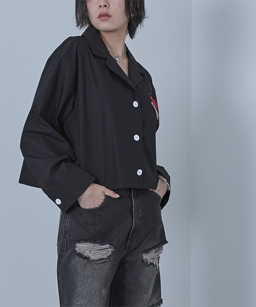 miette(ミエット)の「フリンジ刺繍開襟シャツ(シャツ/ブラウス・レディース・ブラック/オフホワイト・FREE)」の4枚目の写真