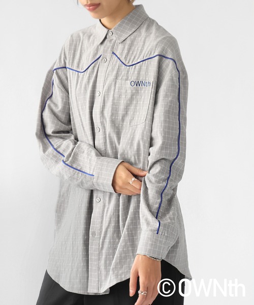 OWNth（オンス）の「パイピングデザインチェック柄シャツ（シャツ/ブラウス・レディース・グレー/ネイビー・ONESIZE）」の6枚目の写真
