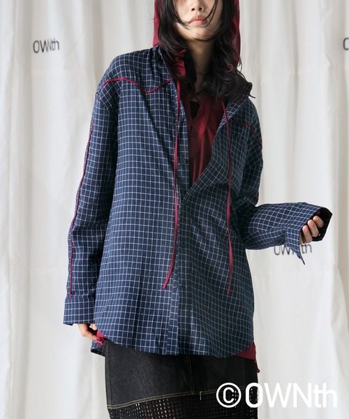 OWNth（オンス）の「パイピングデザインチェック柄シャツ（シャツ/ブラウス・レディース・グレー/ネイビー・ONESIZE）」の14枚目の写真