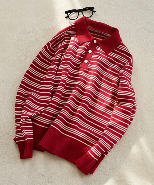 FREAK'S STORE（フリークスストア）の「バイオウォッシュ加工 ポロサマーニット / コットンニット（ポロシャツ・レディース・ブラウン/ネイビー/レッド/ダークネイビー/グレー・ﾌﾘ-）」の5枚目の写真