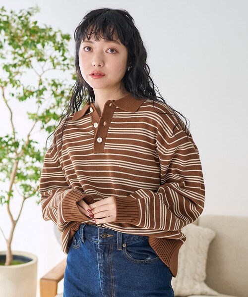 FREAK'S STORE（フリークスストア）の「バイオウォッシュ加工 ポロサマーニット / コットンニット（ポロシャツ・レディース・ブラウン/ネイビー/レッド/ダークネイビー/グレー・ﾌﾘ-）」の17枚目の写真