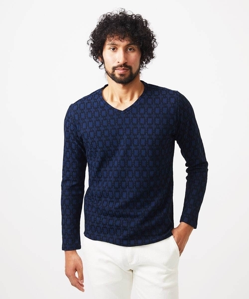 MICHEL KLEIN HOMME   （ミッシェルクランオム）の「《日本製》リンクスVネック長袖カットソー（Tシャツ/カットソー・メンズ・ホワイト/ネイビー/カーキ・MEDIUM/LARGE/X-LARGE）」の3枚目の写真