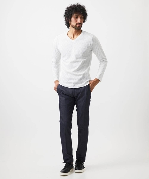 MICHEL KLEIN HOMME   （ミッシェルクランオム）の「《日本製》リンクスVネック長袖カットソー（Tシャツ/カットソー・メンズ・ホワイト/ネイビー/カーキ・MEDIUM/LARGE/X-LARGE）」の6枚目の写真