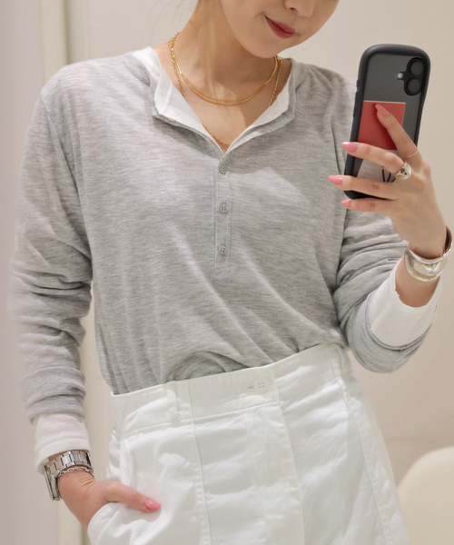 AP STUDIOメロータッチヘンリーネックTシャツ　ホワイトタグあり セール】メロータッチヘンリーネックTシャツ（Tシャツ/カットソー