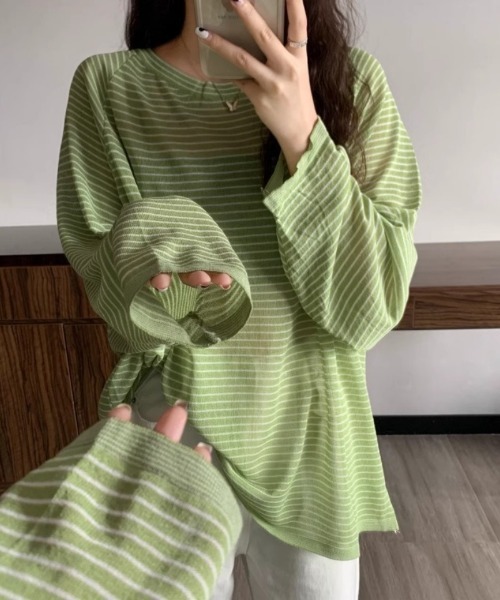Ritzy(リッツィー)の「オーバーサイズ シアー ボーダートップス(Tシャツ/カットソー・レディース・ホワイト/ブラック/グリーン・FREE)」の18枚目の写真