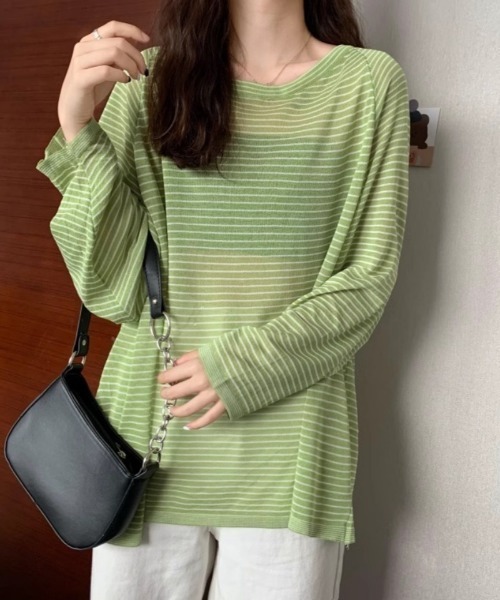 Ritzy(リッツィー)の「オーバーサイズ シアー ボーダートップス(Tシャツ/カットソー・レディース・ホワイト/ブラック/グリーン・FREE)」の16枚目の写真