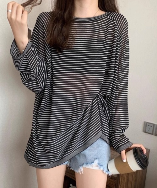 Ritzy(リッツィー)の「オーバーサイズ シアー ボーダートップス(Tシャツ/カットソー・レディース・ホワイト/ブラック/グリーン・FREE)」の20枚目の写真