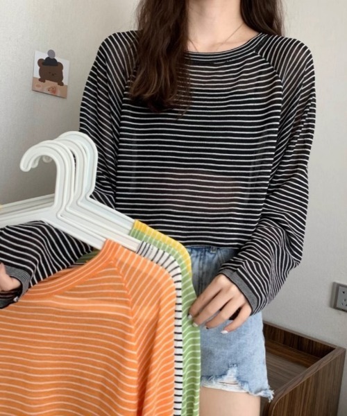 Ritzy(リッツィー)の「オーバーサイズ シアー ボーダートップス(Tシャツ/カットソー・レディース・ホワイト/ブラック/グリーン・FREE)」の13枚目の写真