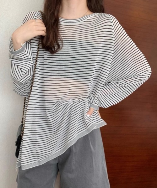 Ritzy(リッツィー)の「オーバーサイズ シアー ボーダートップス(Tシャツ/カットソー・レディース・ホワイト/ブラック/グリーン・FREE)」の11枚目の写真