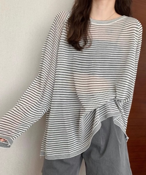 Ritzy(リッツィー)の「オーバーサイズ シアー ボーダートップス(Tシャツ/カットソー・レディース・ホワイト/ブラック/グリーン・FREE)」の10枚目の写真