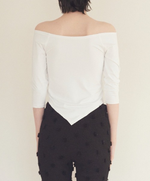 HONEY MI HONEY（ハニーミーハニー）の「jersey logo boat neck tops（Tシャツ/カットソー・レディース・ベージュ/ホワイト/ブラック・FREE）」の5枚目の写真