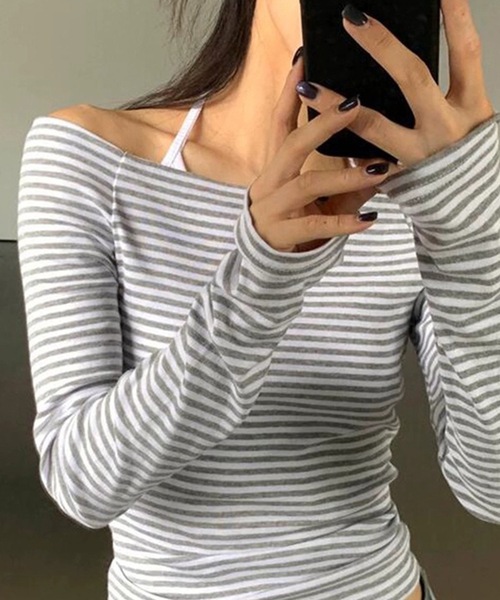 Lace Ladies(レースレディース)の「オフショルダー ラグラン ボーダー 長袖 カットソー(Tシャツ/カットソー・レディース・ブラック/グレー・FREE)」の8枚目の写真