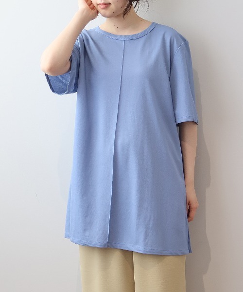 MB mint breeze(エムビーミントブリーズ)の「【WEB&一部店舗】【UVカット・接触冷感】【LL~6L 大きいサイズ】モクロディビンテージ切替えチュニック Tシャツ 半袖 春夏(チュニック・レディース・ブラック/カーキ/サックスブルー/ラベンダー・LL/3L/4L/5L/6L)」の1枚目の写真