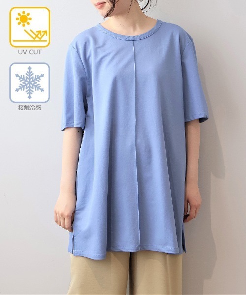 MB mint breeze(エムビーミントブリーズ)の「【WEB&一部店舗】【UVカット・接触冷感】【LL~6L 大きいサイズ】モクロディビンテージ切替えチュニック Tシャツ 半袖 春夏(チュニック・レディース・ブラック/カーキ/サックスブルー/ラベンダー・LL/3L/4L/5L/6L)」の18枚目の写真