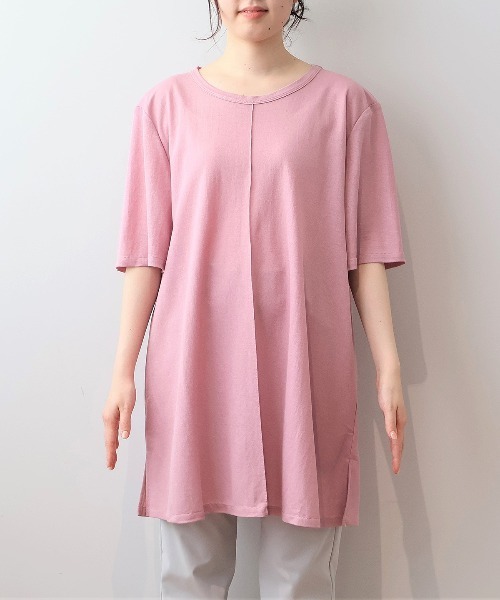 MB mint breeze(エムビーミントブリーズ)の「【WEB&一部店舗】【UVカット・接触冷感】【LL~6L 大きいサイズ】モクロディビンテージ切替えチュニック Tシャツ 半袖 春夏(チュニック・レディース・ブラック/カーキ/サックスブルー/ラベンダー・LL/3L/4L/5L/6L)」の11枚目の写真