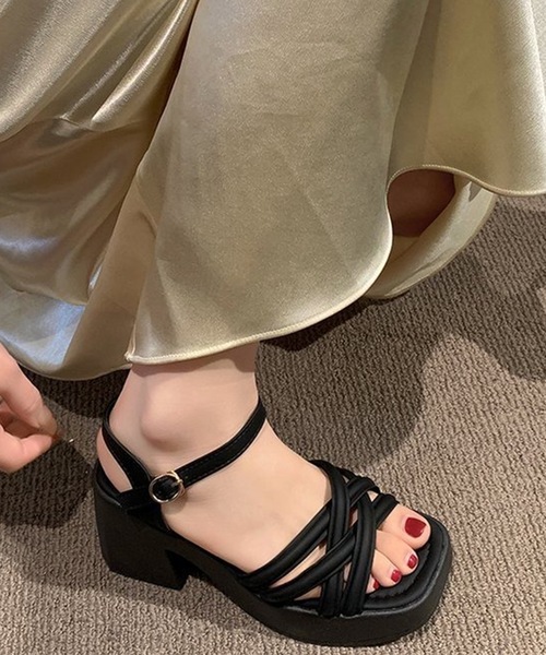 セール】レザー調 クロス ストラップ プラットフォーム 厚底 太