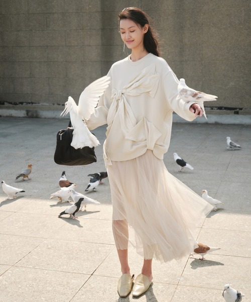 トレーナー スウェット Satin Ribbon Oversized Sweatshirt / サテンリボンスウェットシャツ レディース JNBY トレーナー スウェット Satin Ribbon Oversized Sweatshirt