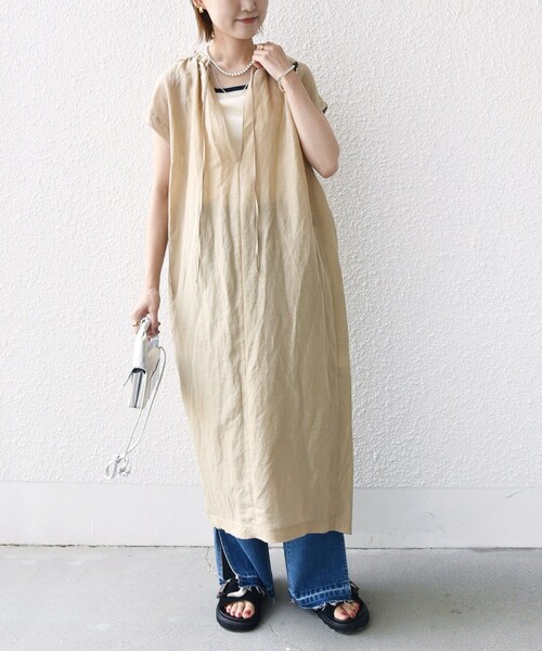 SHIPS ノースリーブワンピース 手洗い可能〉割繊 無地 ノースリーブ
