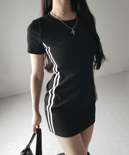 me+em select（ミームセレクト）の「【 ２color 】半袖サイドラインタイトミニワンピース ／ short sleeve side line tight mini onepiece（ワンピース・レディース・グレー/ブラック・FREE）」の5枚目の写真