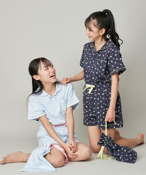 セール】【3点セット】巾着付き総柄プリントルームウェア