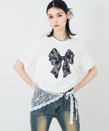 レース リボン ピグメント サイド シャーリング Tシャツ