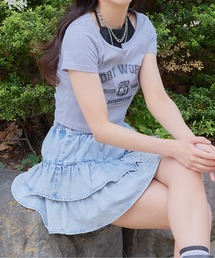《FORT WORTHロゴ×レイヤード風》レディース テレコ半袖クロップドトップス 体型カバー 春夏秋