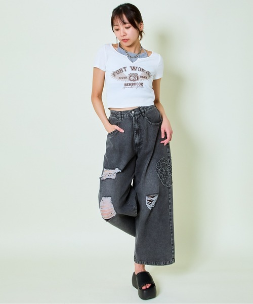 GORGE（ゴージ）の「《FORT WORTHロゴ×レイヤード風》レディース テレコ半袖クロップドトップス 体型カバー 春夏秋（Tシャツ/カットソー・レディース・ブラック/オフホワイト/グレー・F）」の4枚目の写真