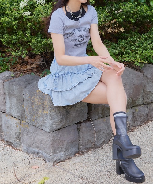 GORGE（ゴージ）の「《FORT WORTHロゴ×レイヤード風》レディース テレコ半袖クロップドトップス 体型カバー 春夏秋（Tシャツ/カットソー・レディース・ブラック/オフホワイト/グレー・F）」の8枚目の写真