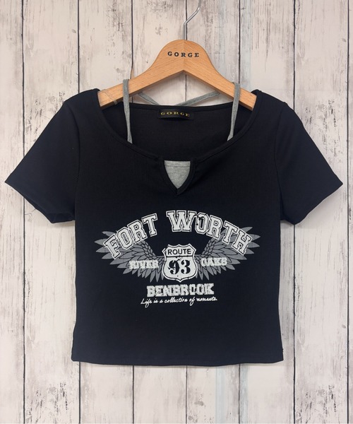 GORGE（ゴージ）の「《FORT WORTHロゴ×レイヤード風》レディース テレコ半袖クロップドトップス 体型カバー 春夏秋（Tシャツ/カットソー・レディース・ブラック/オフホワイト/グレー・F）」の18枚目の写真
