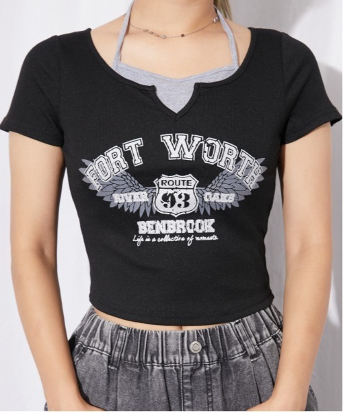 GORGE（ゴージ）の「《FORT WORTHロゴ×レイヤード風》レディース テレコ半袖クロップドトップス 体型カバー 春夏秋（Tシャツ/カットソー・レディース・ブラック/オフホワイト/グレー・F）」の14枚目の写真