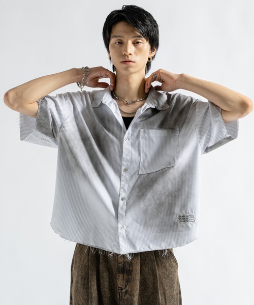 PLAN To(プラントゥ)の「Vintage Design Cutoff Stripe Shirts - ヴィンテージデザインカットオフストライプシャツ(シャツ/ブラウス・メンズ・ホワイト/チャコールグレー・LARGE/MEDIUM/SMALL)」の7枚目の写真