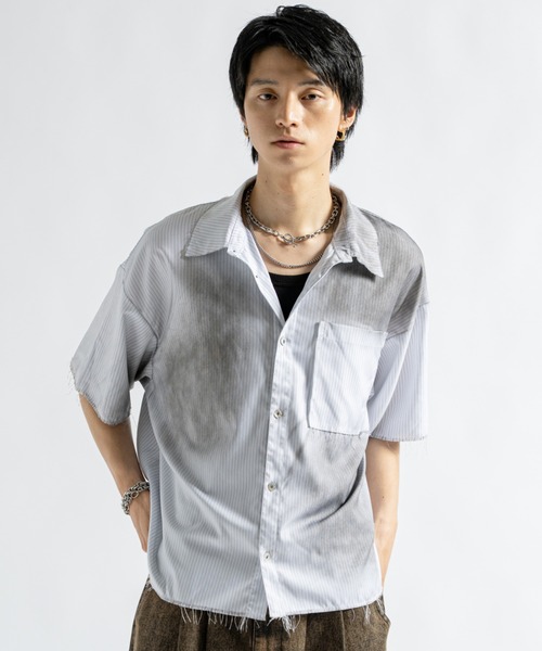 PLAN To(プラントゥ)の「Vintage Design Cutoff Stripe Shirts - ヴィンテージデザインカットオフストライプシャツ(シャツ/ブラウス・メンズ・ホワイト/チャコールグレー・LARGE/MEDIUM/SMALL)」の8枚目の写真