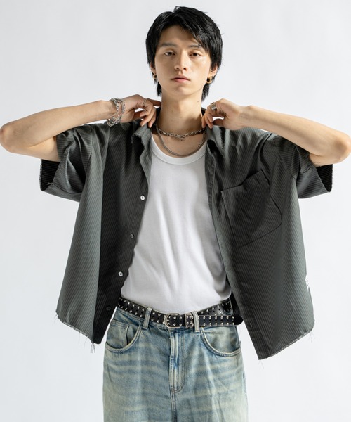 PLAN To(プラントゥ)の「Vintage Design Cutoff Stripe Shirts - ヴィンテージデザインカットオフストライプシャツ(シャツ/ブラウス・メンズ・ホワイト/チャコールグレー・LARGE/MEDIUM/SMALL)」の4枚目の写真