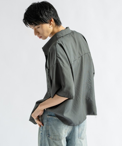 PLAN To(プラントゥ)の「Vintage Design Cutoff Stripe Shirts - ヴィンテージデザインカットオフストライプシャツ(シャツ/ブラウス・メンズ・ホワイト/チャコールグレー・LARGE/MEDIUM/SMALL)」の5枚目の写真