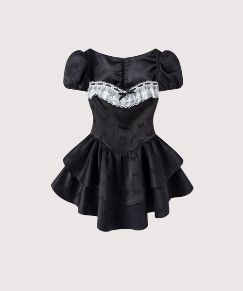 LA POMME petit(ラポミ・プチ)の「Lace Deco Ribbon Emboss Dress(ワンピース・レディース・ブラック・SMALL/MEDIUM)」の1枚目の写真