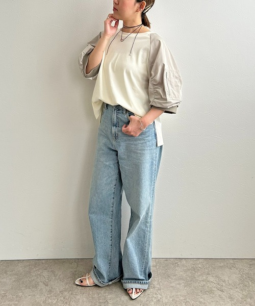 LHELBIE(レルビエ)の「MA-1スリーブカットトップス(Tシャツ/カットソー・レディース・ブラック×カーキ/アイボリー/グレー・M)」の5枚目の写真