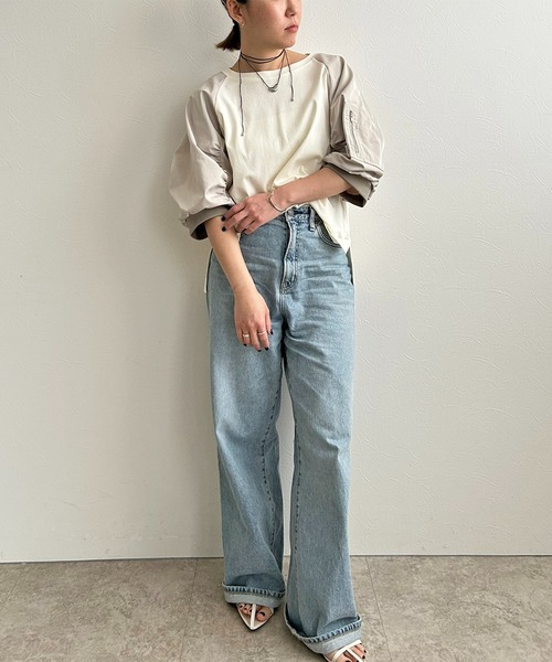 LHELBIE(レルビエ)の「MA-1スリーブカットトップス(Tシャツ/カットソー・レディース・ブラック×カーキ/アイボリー/グレー・M)」の8枚目の写真