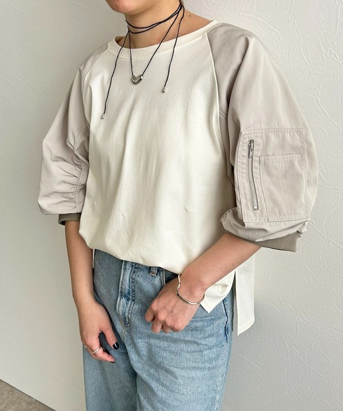 LHELBIE(レルビエ)の「MA-1スリーブカットトップス(Tシャツ/カットソー・レディース・ブラック×カーキ/アイボリー/グレー・M)」の13枚目の写真