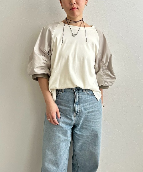 LHELBIE(レルビエ)の「MA-1スリーブカットトップス(Tシャツ/カットソー・レディース・ブラック×カーキ/アイボリー/グレー・M)」の12枚目の写真