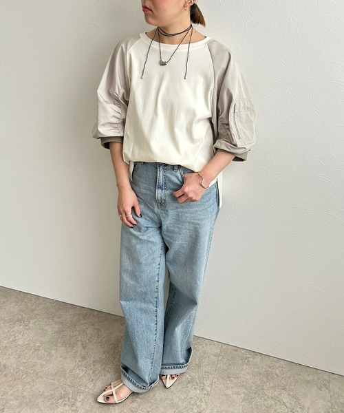 LHELBIE(レルビエ)の「MA-1スリーブカットトップス(Tシャツ/カットソー・レディース・ブラック×カーキ/アイボリー/グレー・M)」の15枚目の写真