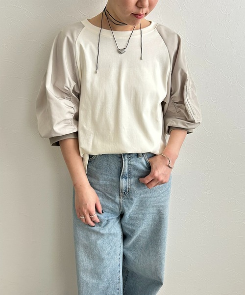 LHELBIE(レルビエ)の「MA-1スリーブカットトップス(Tシャツ/カットソー・レディース・ブラック×カーキ/アイボリー/グレー・M)」の16枚目の写真
