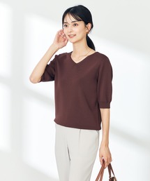 【接触冷感/UVカット】Vネックパフスリーブ美ラクるサマーニット【WEB限定】