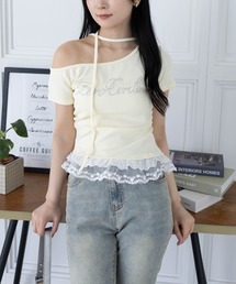 clear | レースフリルロゴ入りレイヤード風カットソー［Y2K 韓国ファッション 異素材］≪SS新作≫(Tシャツ/カットソー)
